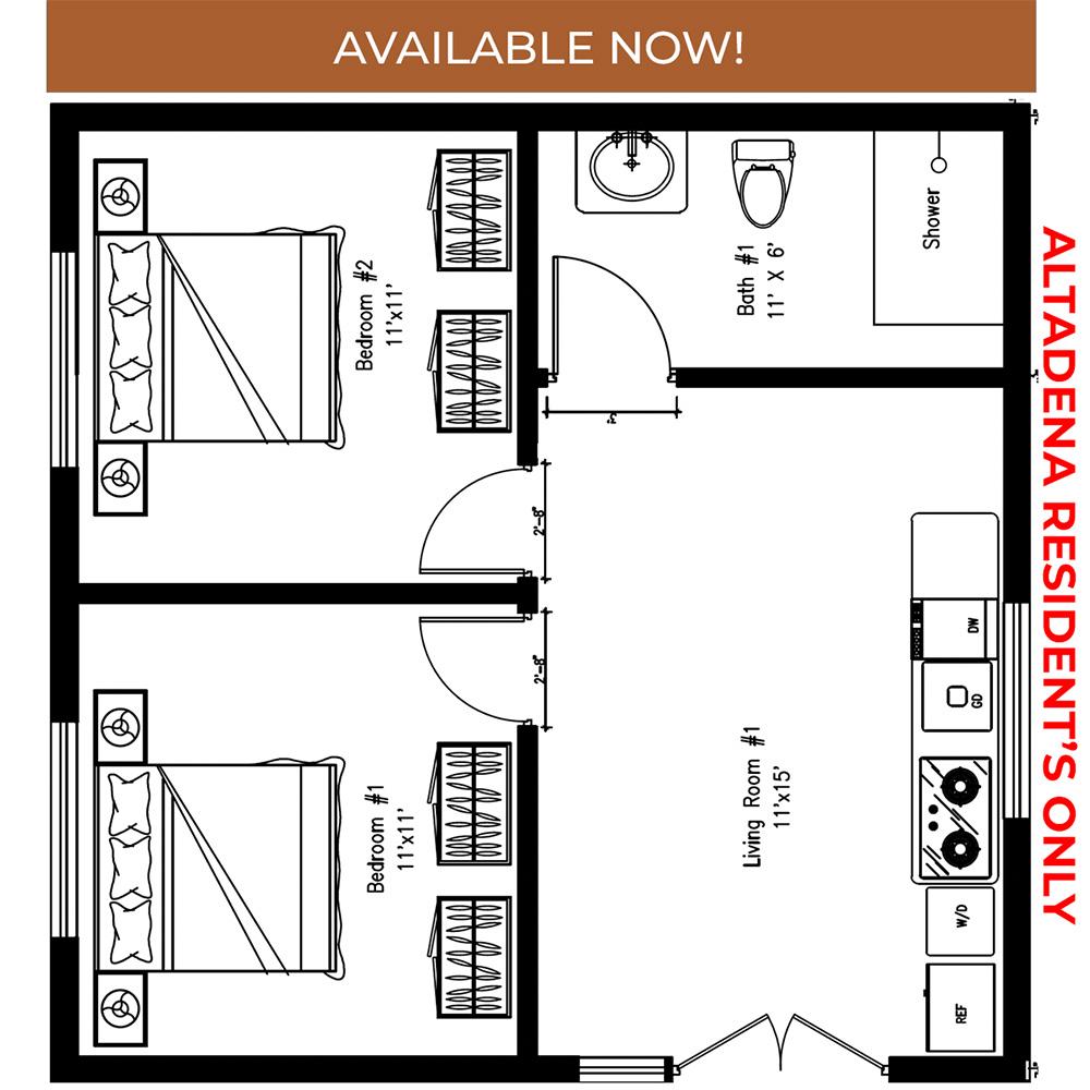 2 Bedrooms, 1 Bath Floor Plan Option B