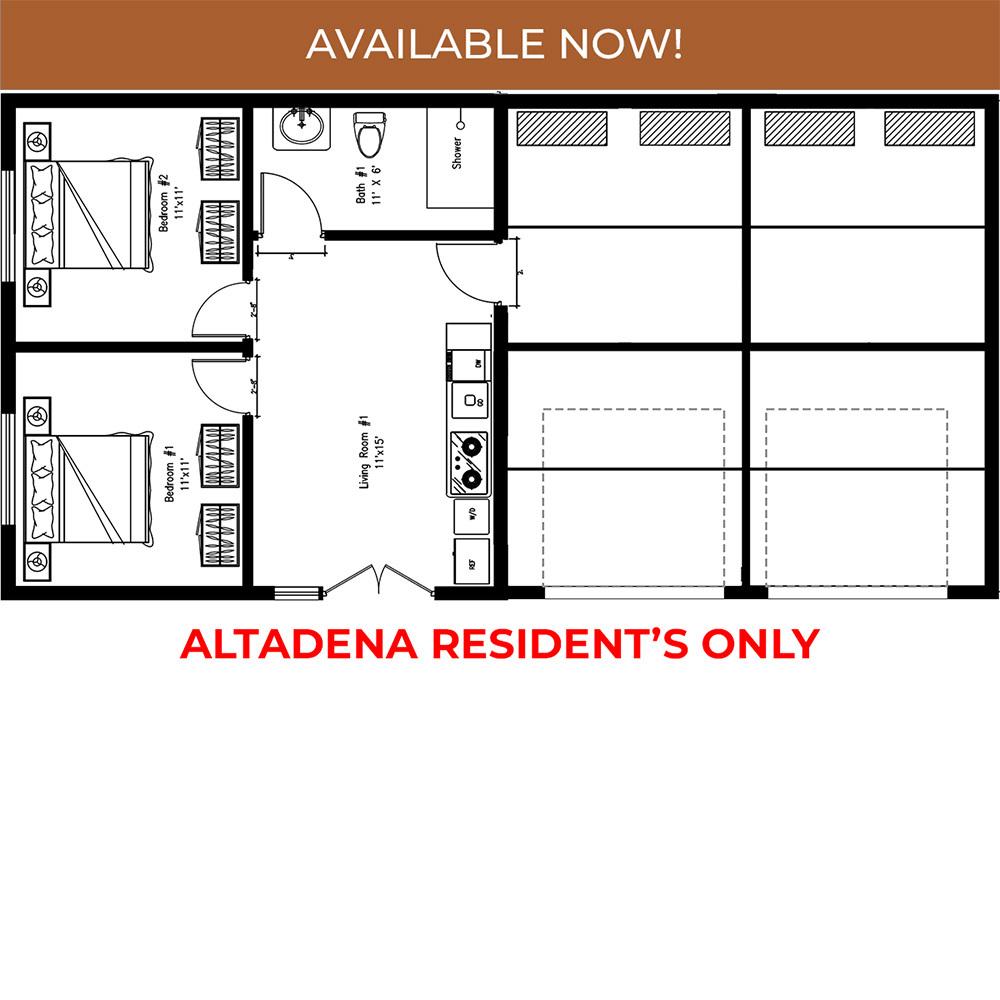 2 Bedrooms, 1 Bath plus Garage Floor Plan